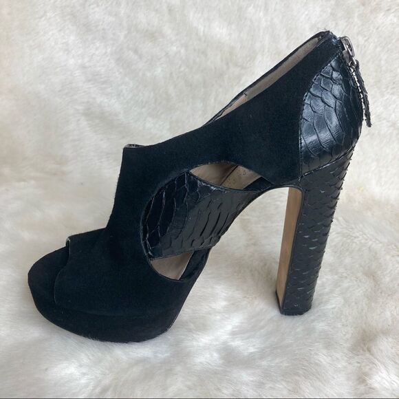 Barneys New York Co Op Black Snake Suede Peep Toe Heeled Platform Booties 35 - Picture 4 of 12